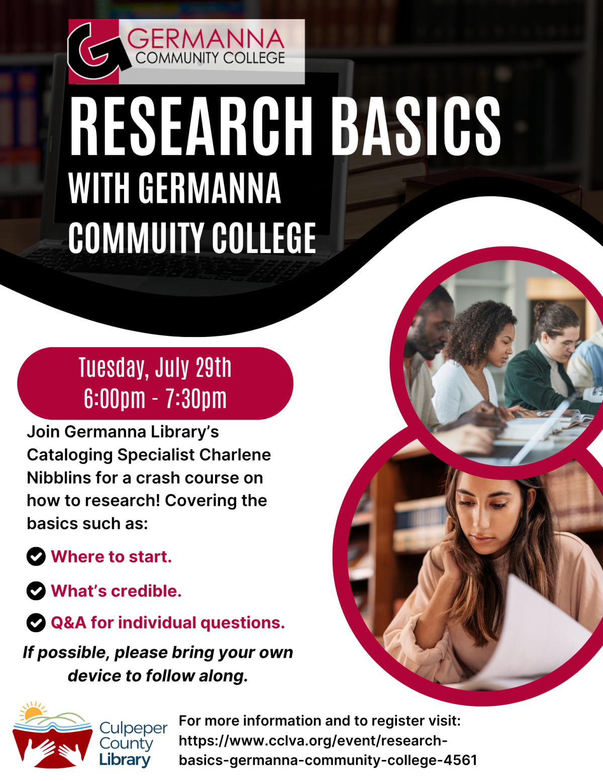 Flyer depicting program information for the Research Basics program.