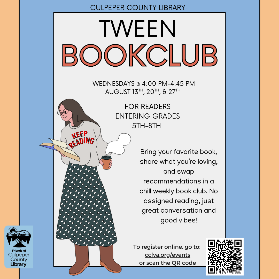 Flyer about tween book club with picture of woman with a book and coffee