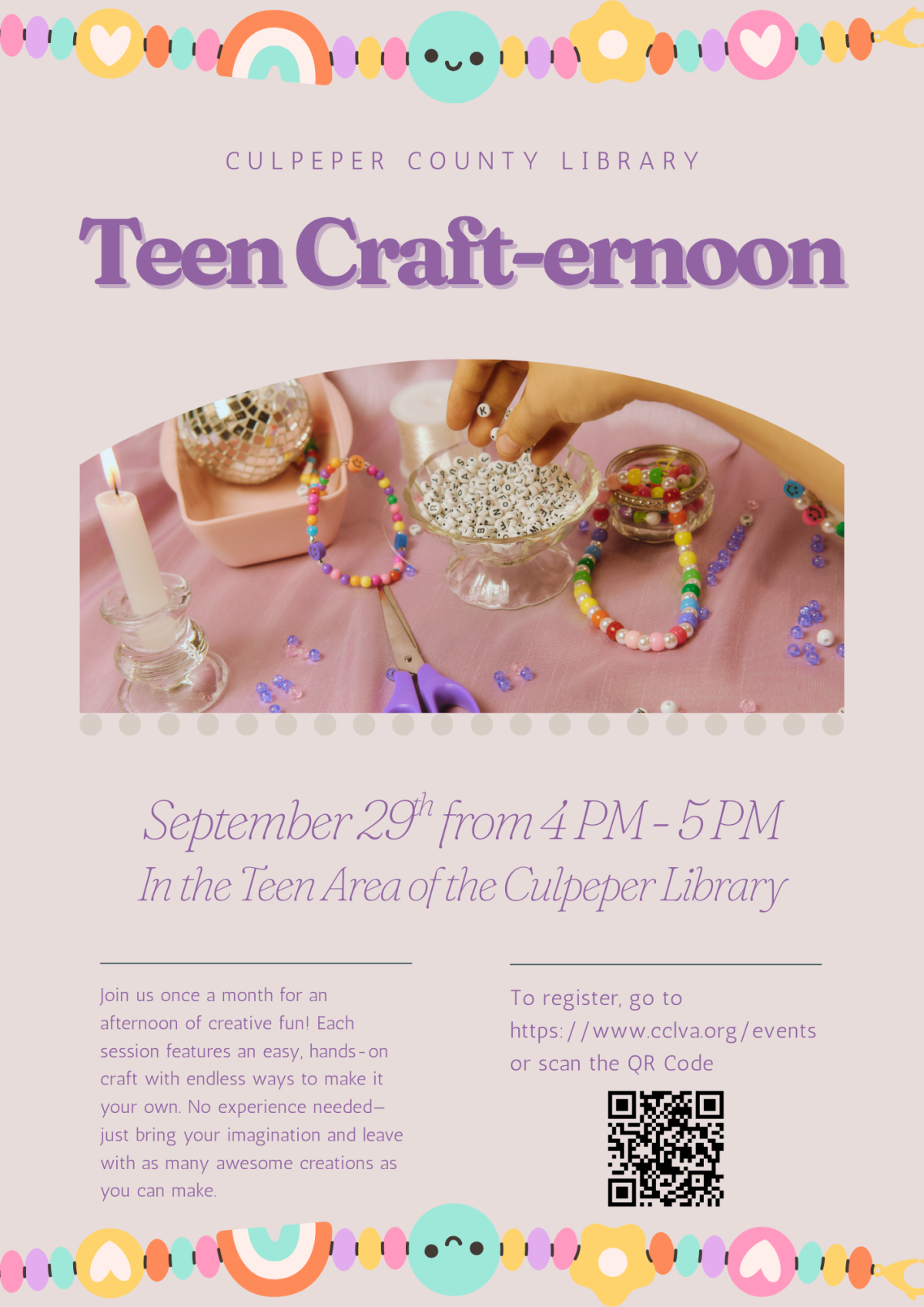 Flyer showing the Teen Craft-ernoon event on Septmeber 29th from 4 PM - 5 PM