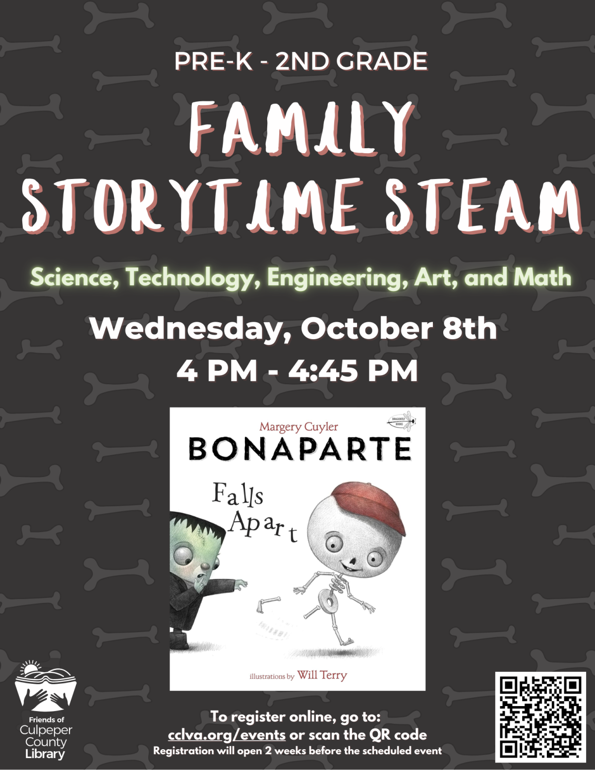 Flyer for Family Storytime STEAM featuring bones
