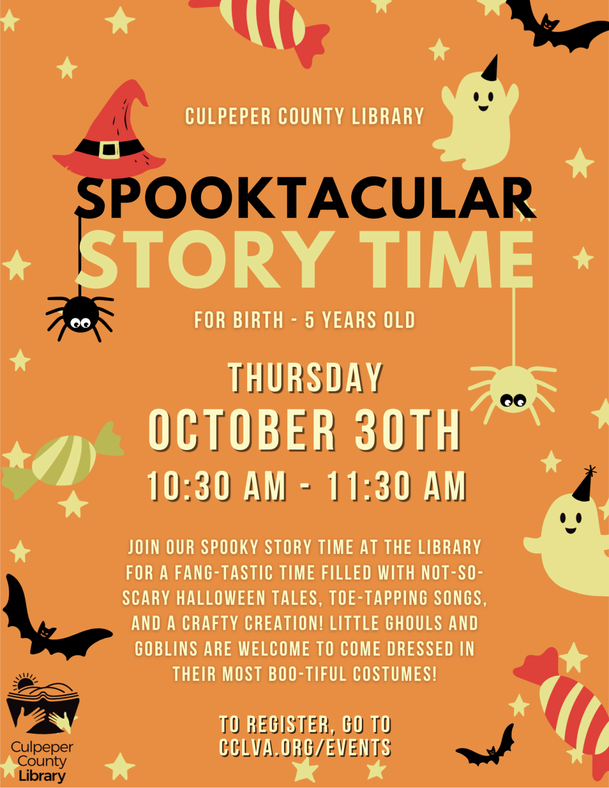 Flyer about Spooktacular Story Time featuring ghosts, bats, and spiders