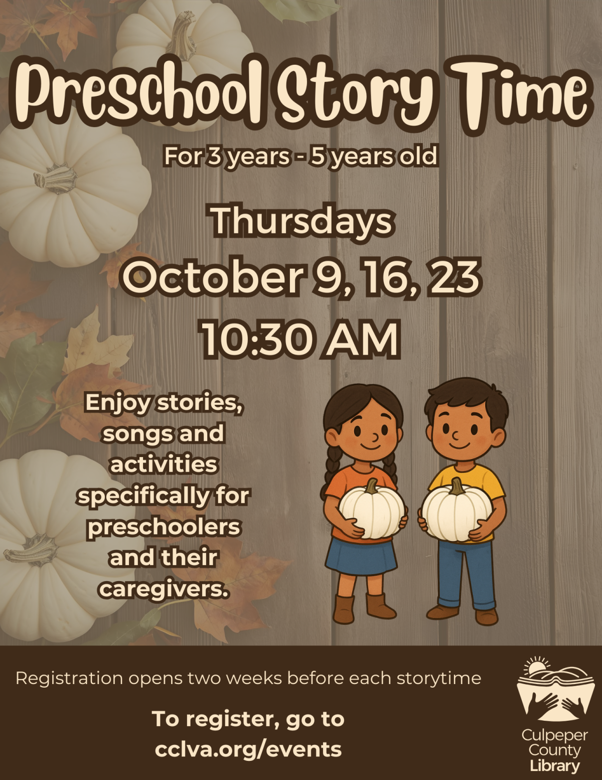 Flyer about October Preschool Story Time featuring two children holding pumpkins