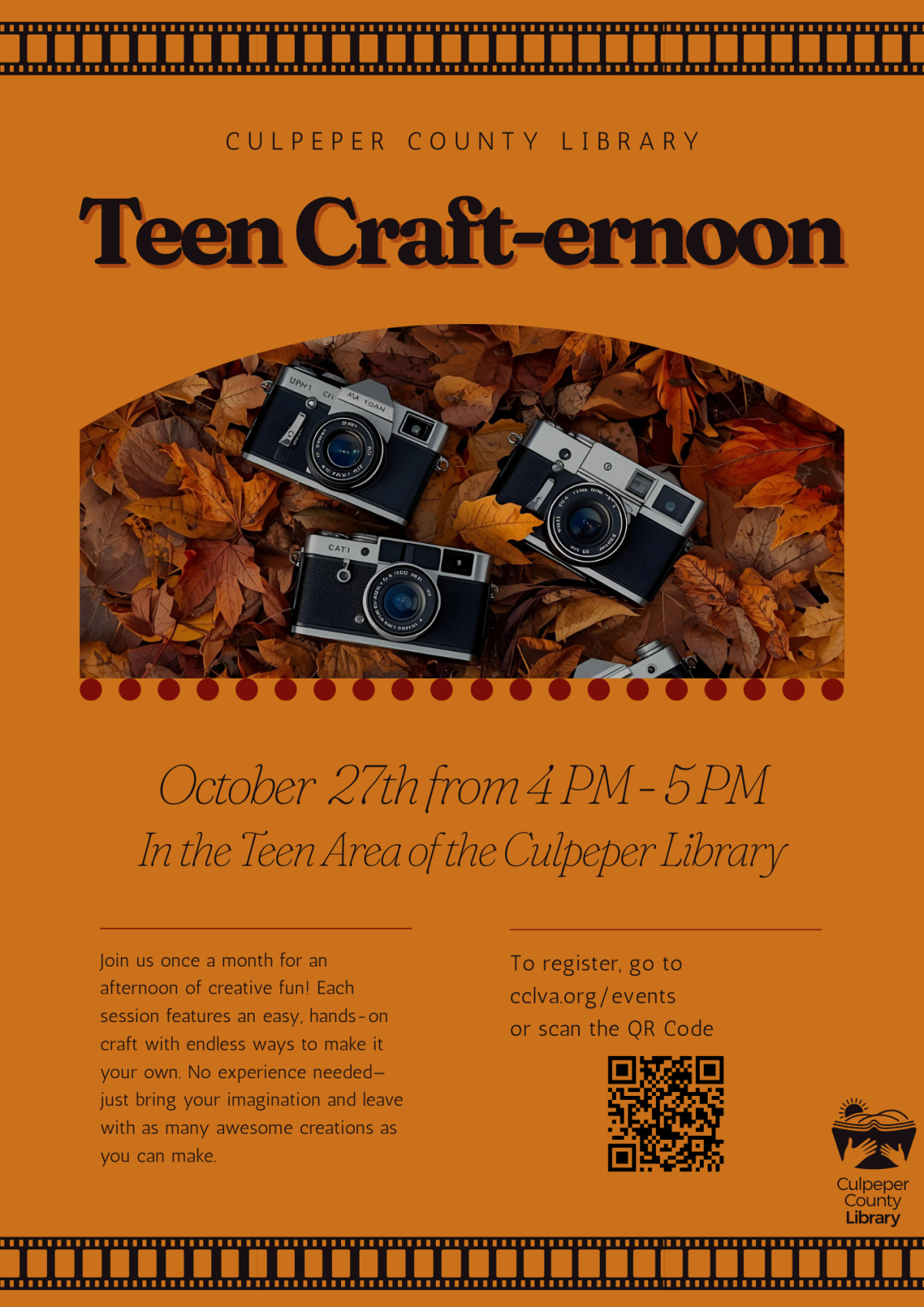 Flyer showing the Teen Craft-ernoon featuring cameras on fall leaves