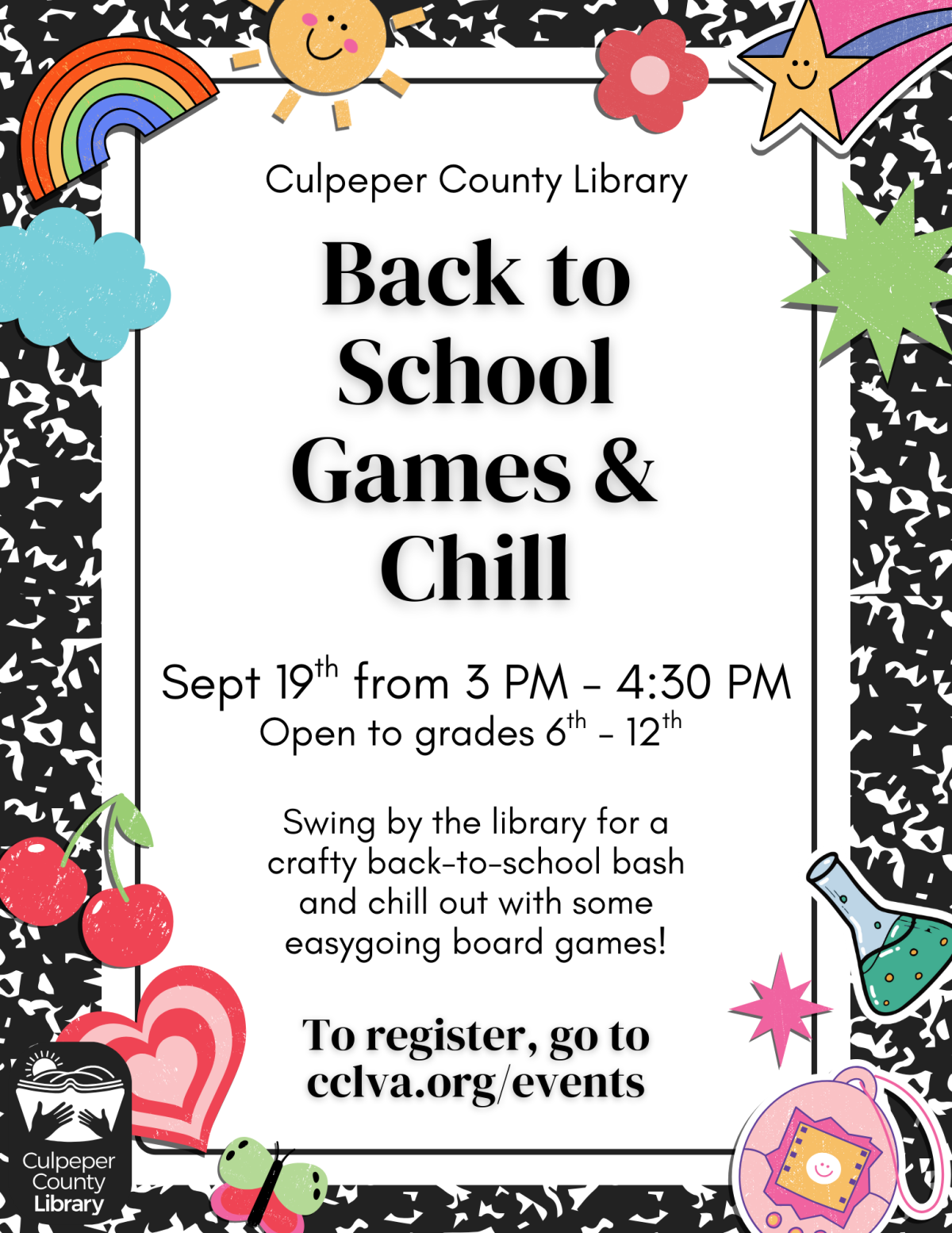 Flyer about Back to School Games and Chill featuring stickers on a notebook background