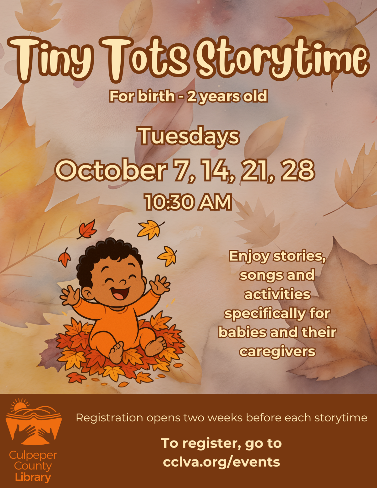 Flyer about Tiny Tots Story Time featuring a baby playing in leaves