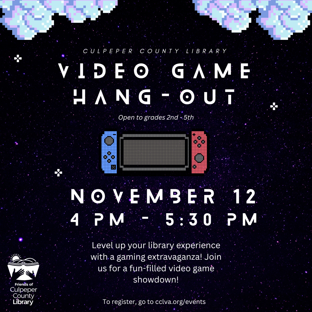 Flyer with a switch gaming console, describing the video game hang-out event