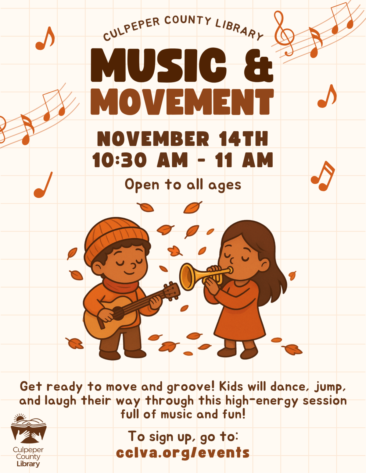 Flyer about event with two children playing instruments