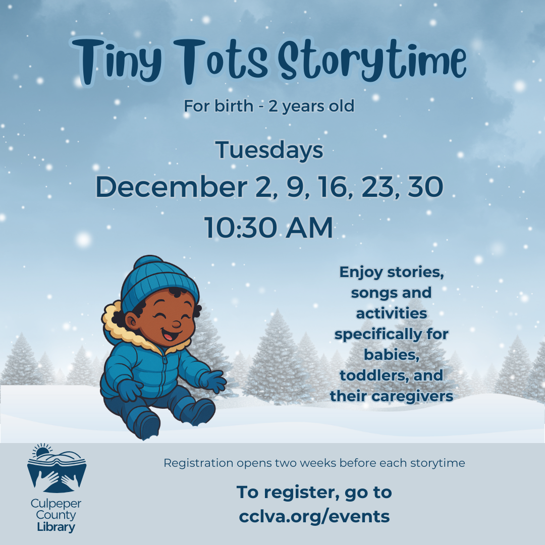 Flyer for Tiny Tots Story Time with a baby playing in the snow