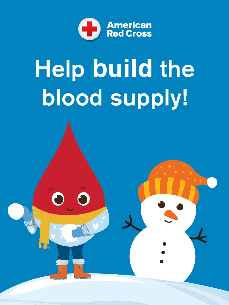 Anthropomorphic blood drop in winter attire building a snowman