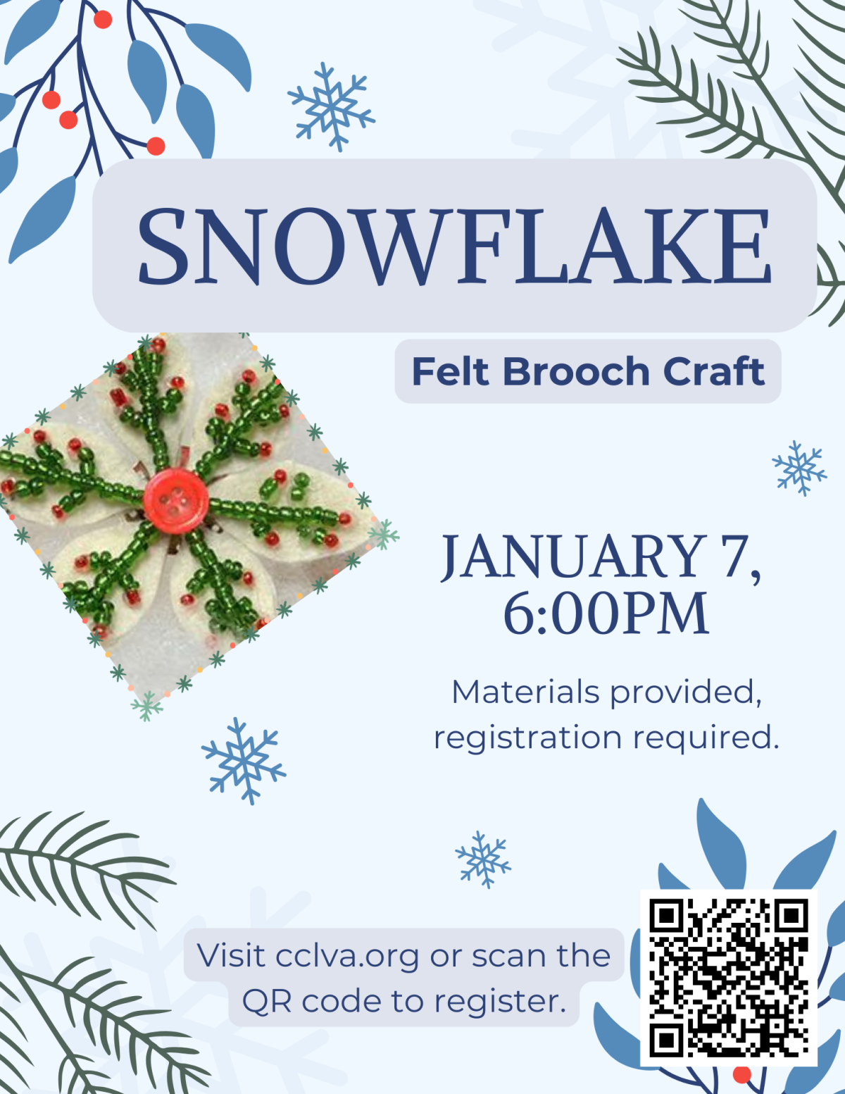 Flyer for the Snowflake felt brooch craft program.
