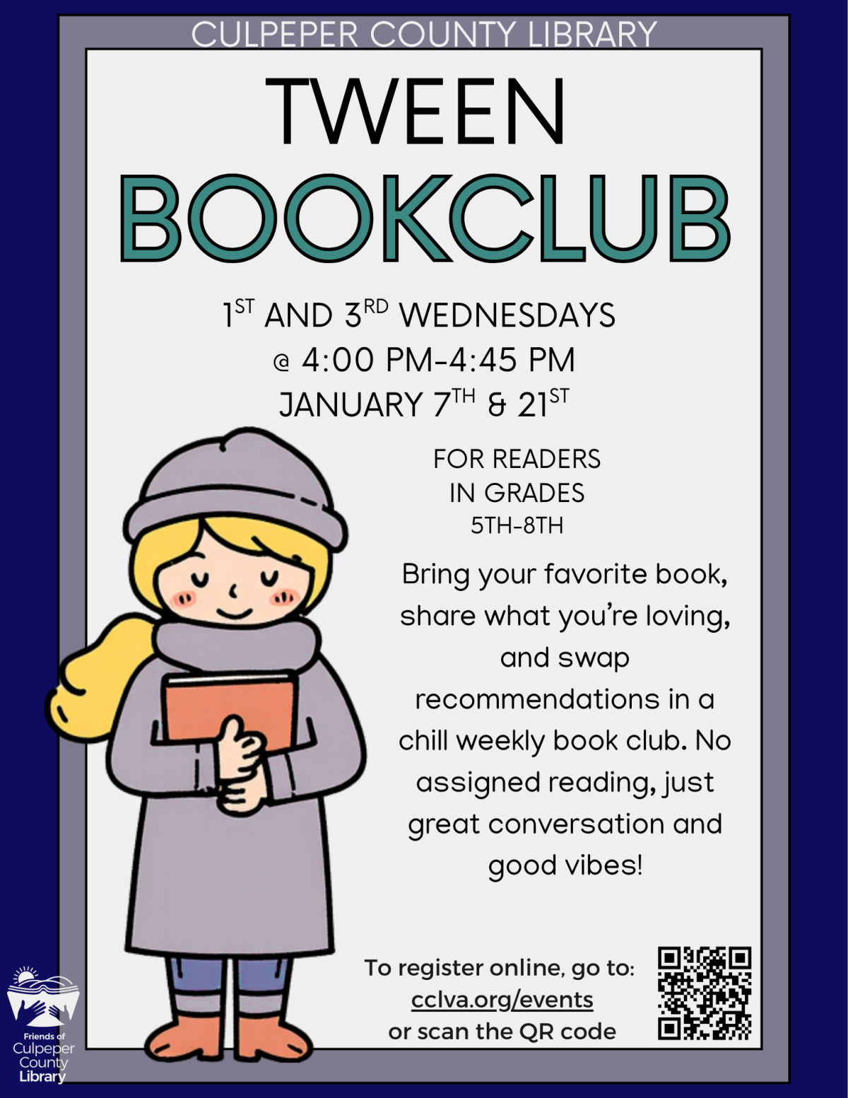 Flyer about tween book club with picture of woman with a book and coffee