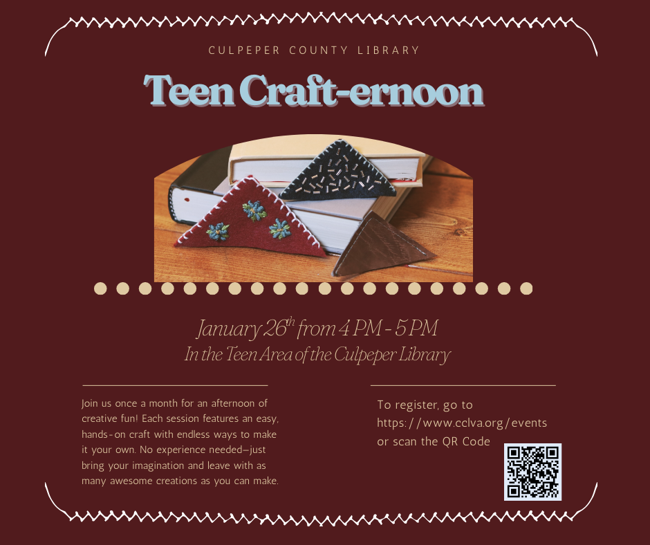 Flyer about teen crafting event with picture of sewn pouches