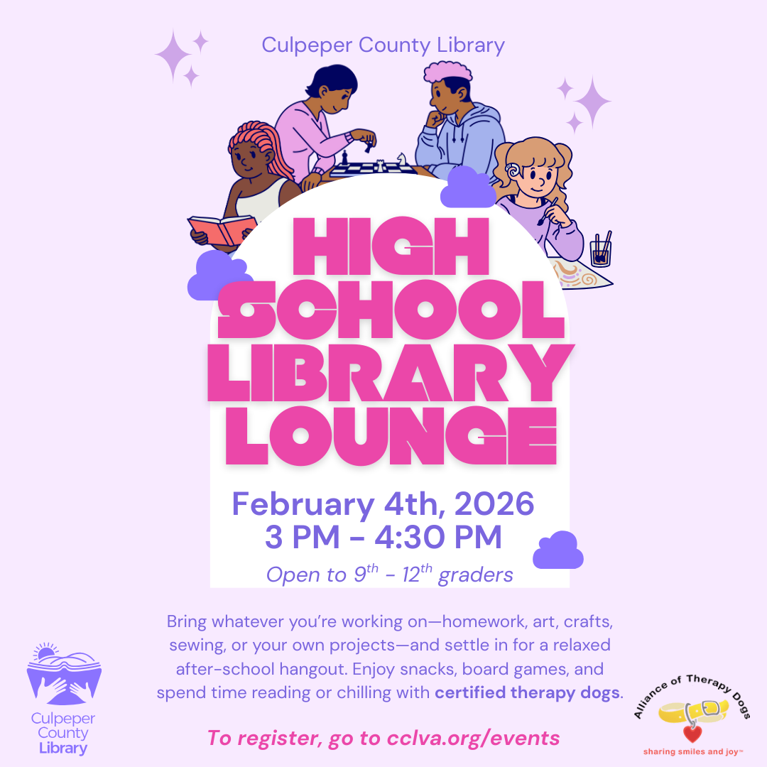 Flyer about the high school library lounge, with kids playing games, making art, and reading.