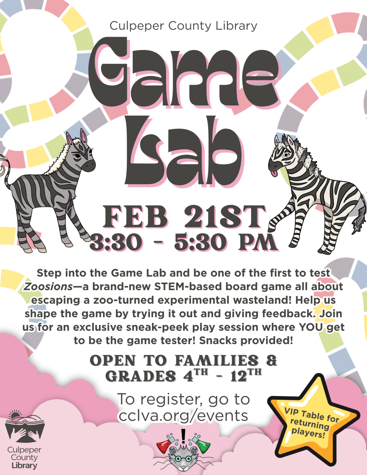 Flyer about game lab with zebras and board game elements.