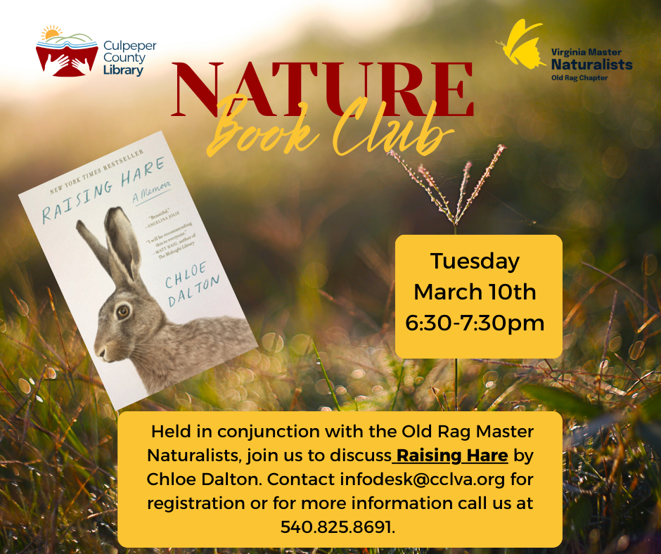 Flyer for the nature book club with nature scenery and a photo of the book "Raising Hare."