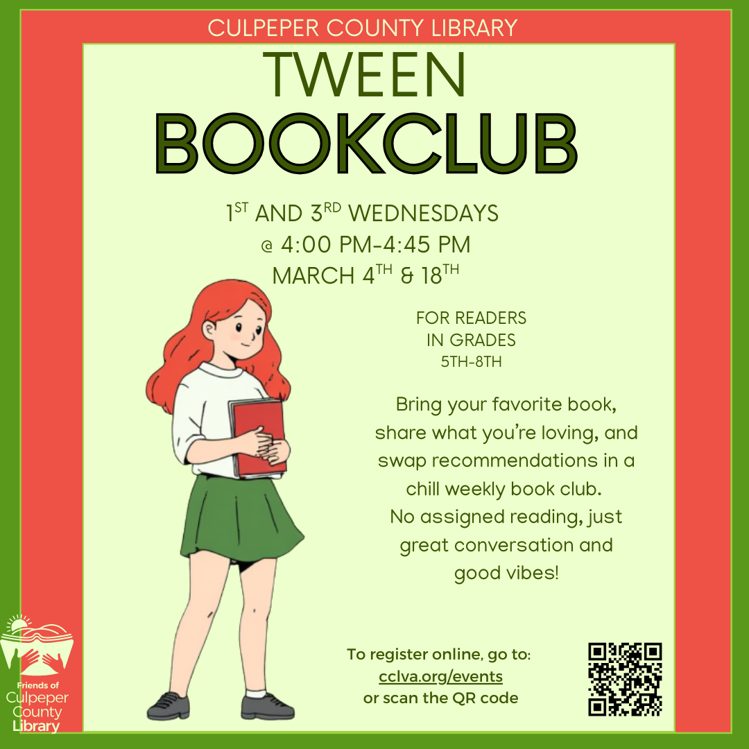 Flyer for tween book club with a girl holding a book.