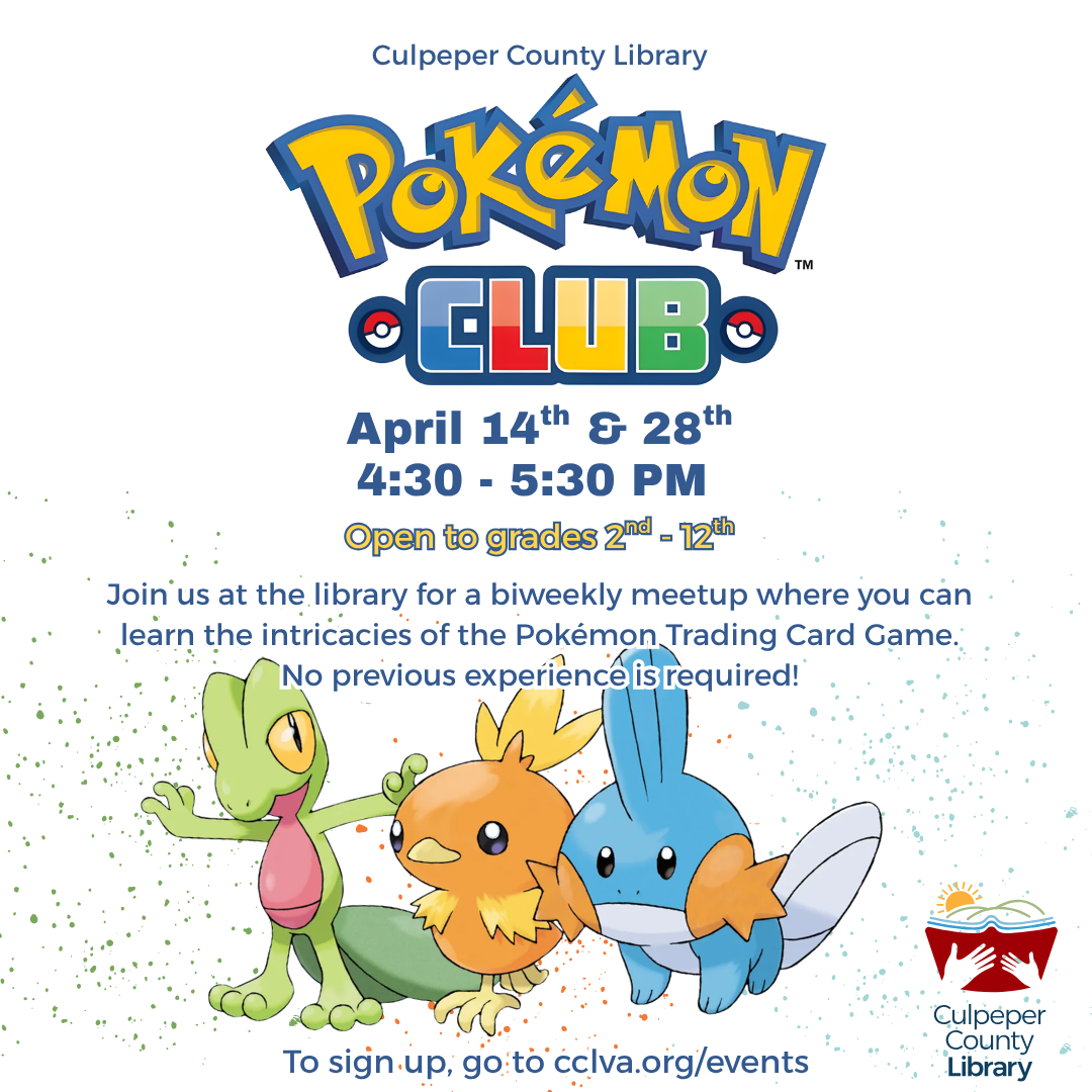 Flyer about Pokemon club with pictures of 3 different Pokemon