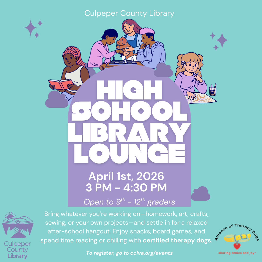 Flyer about the high school library lounge, with kids playing games, making art, and reading.