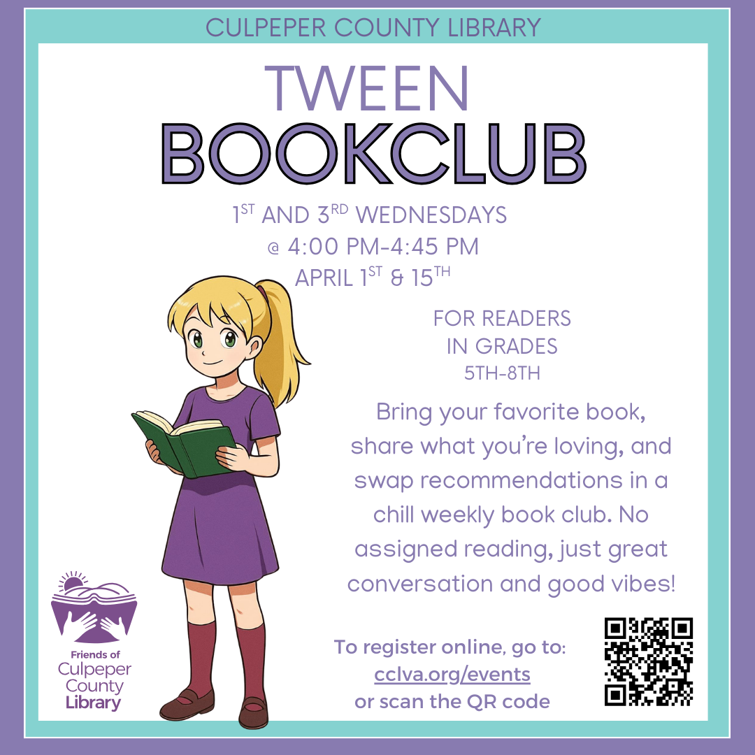 Flyer for tween book club with a girl holding a book.
