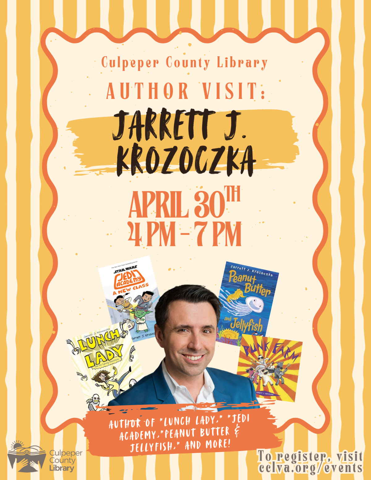 Flyer for author event featuring Jarrett Krozoczka