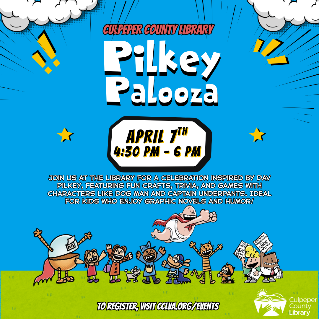 Flyer about Pilkey Palooza event with characters from Dav Pilkey's books