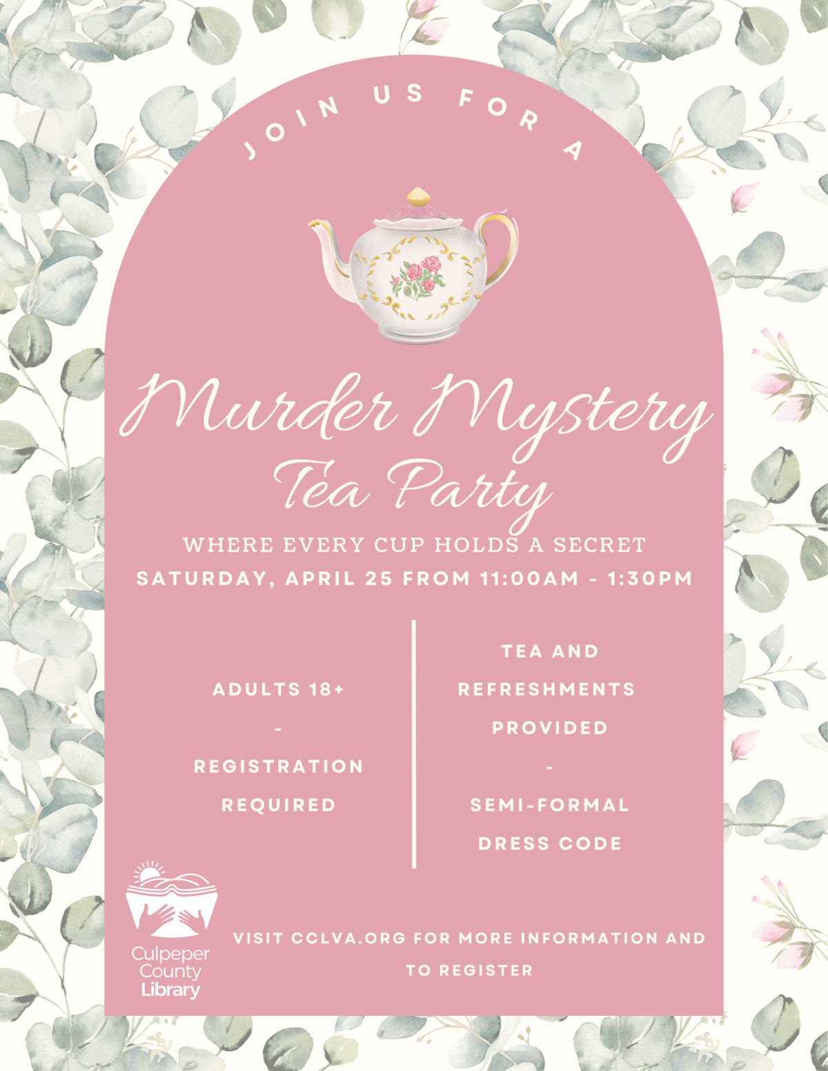 Flyer with leaves and a pink background detailing the murder mystery tea party event. 