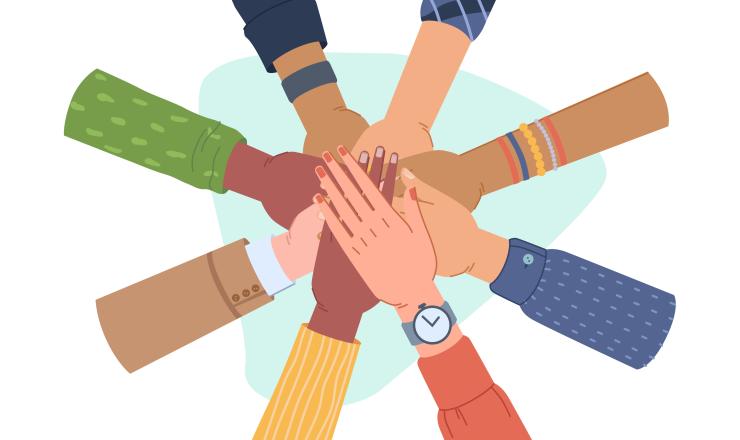 8 touching hands of various skin tones in a radius star
